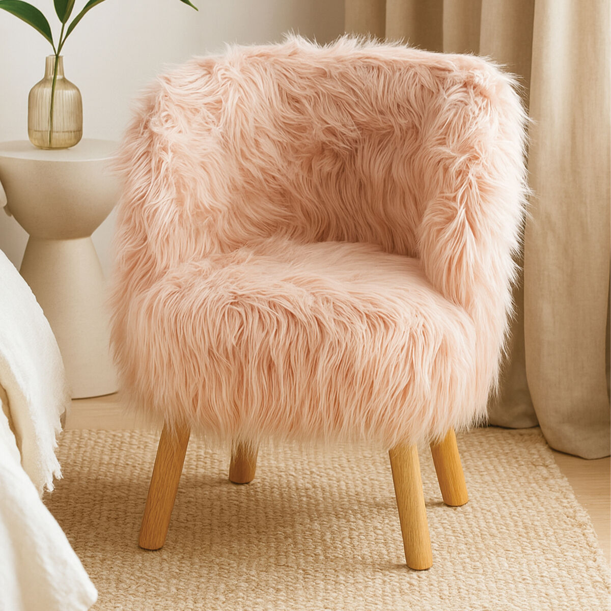 Orsina Kids Pink Faux Fur Chair – Plush Nursery Seating with Wood Legs