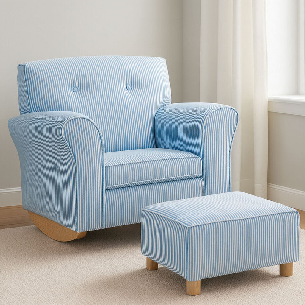 Orsina Kids Blue and White Stripe Rocking Chair with Footstool