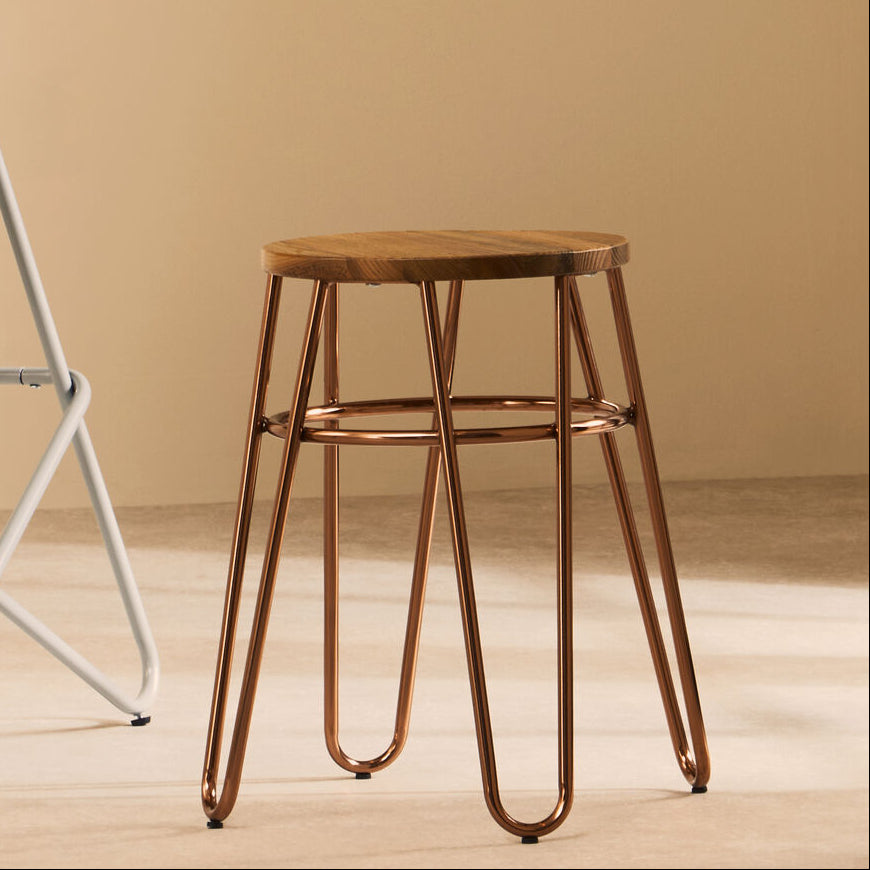 Orsina District Hairpin Stool – Rose Gold Metal and Elm Wood Seat