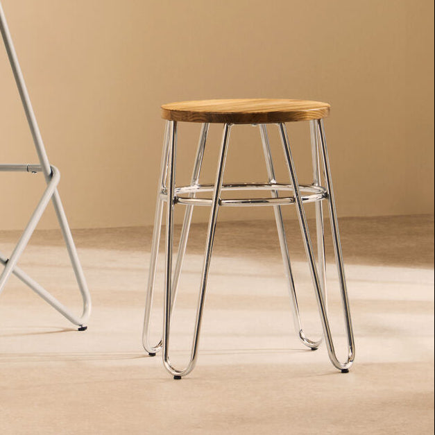 Orsina District Hairpin Legs Stool | Elm Wood Seat & Chrome Frame