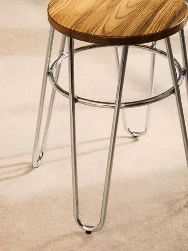 Orsina District Hairpin Legs Stool | Elm Wood Seat & Chrome Frame