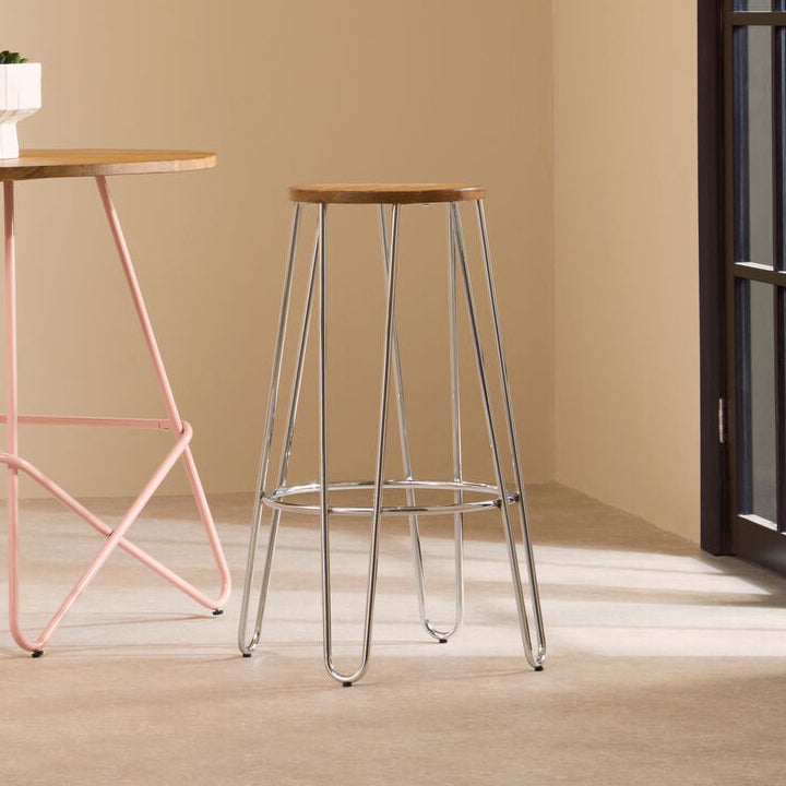 Orsina District Hairpin Stool – Rose Gold Metal and Elm Wood Seat