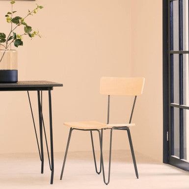 Orsina District Industrial Dining Chair with Wood Seat and Hairpin Legs