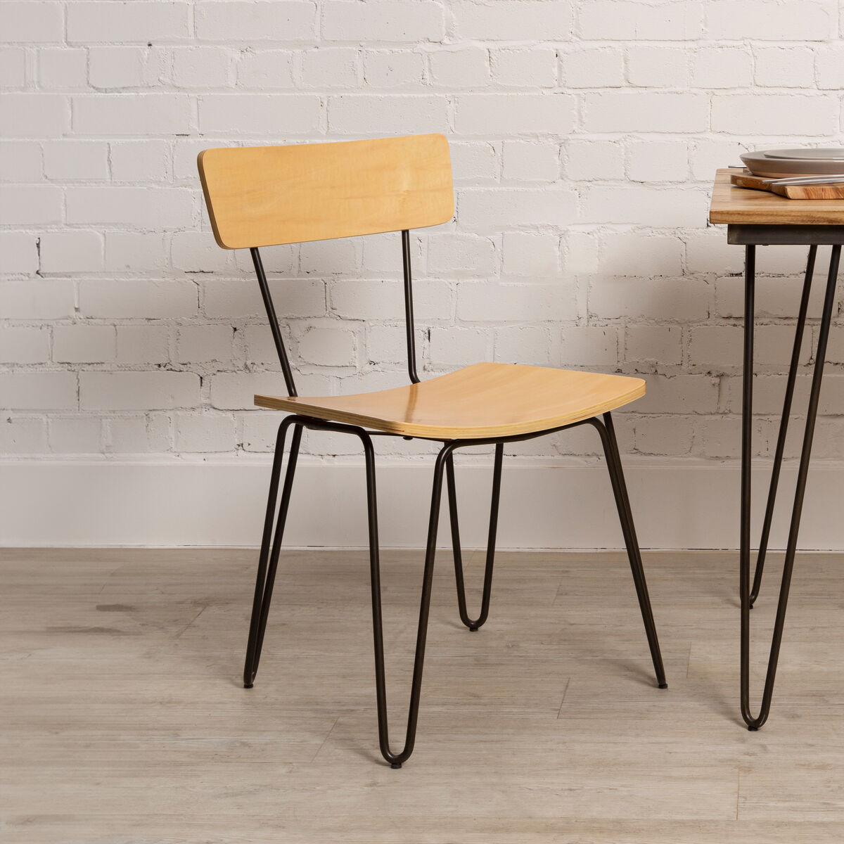 Orsina District Industrial Dining Chair with Wood Seat and Hairpin Legs