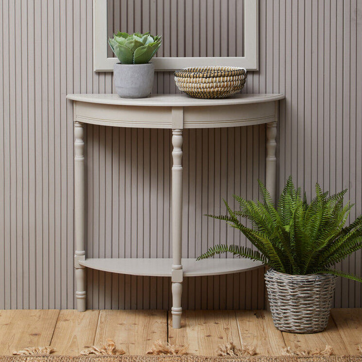 Orsina Heritage Half Moon Console Table – Grey Putty Wood with Shelf