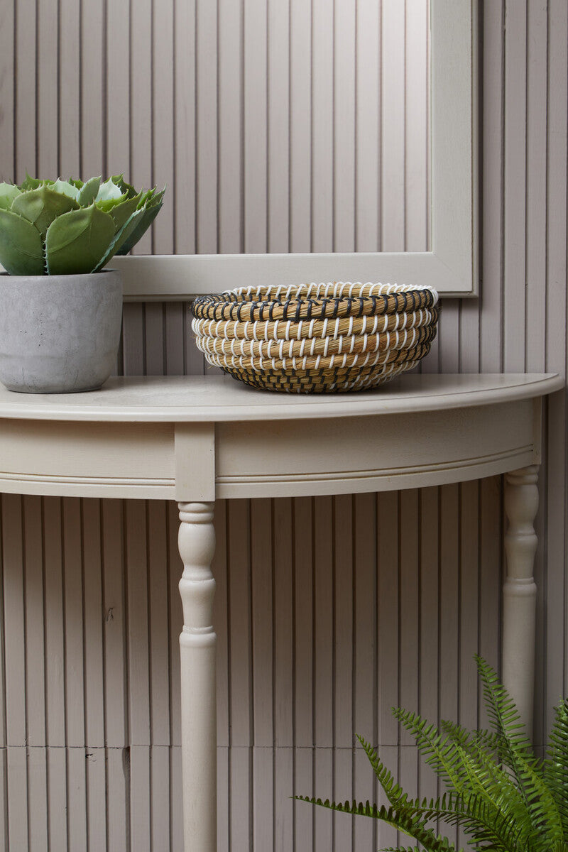 Orsina Heritage Half Moon Console Table – Grey Putty Wood with Shelf