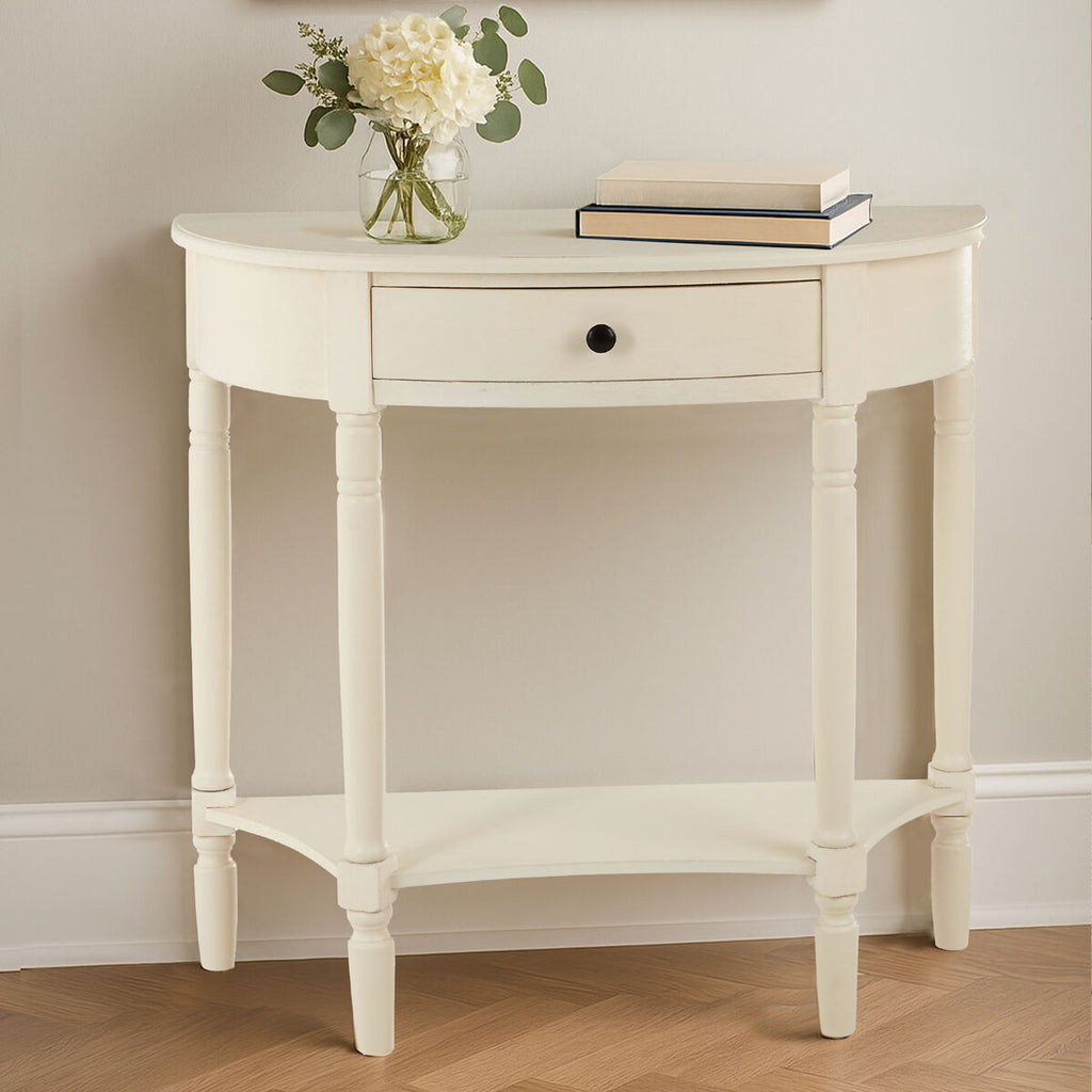 Orsina Heritage Console Table – White Pine Wood with Drawer and Shelf