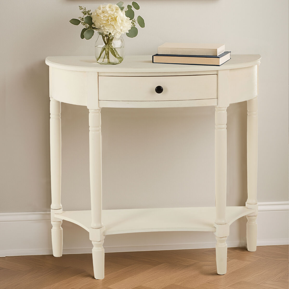 Orsina Heritage Console Table – White Pine Wood with Drawer and Shelf