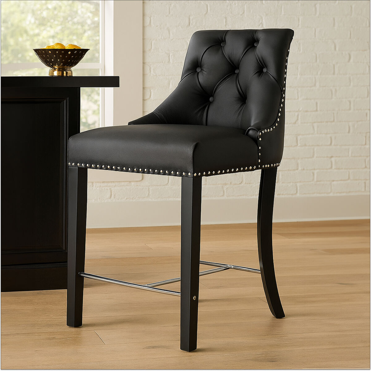 Orsina Regents Park Black Faux Leather Bar Chair | Tufted Counter Stool