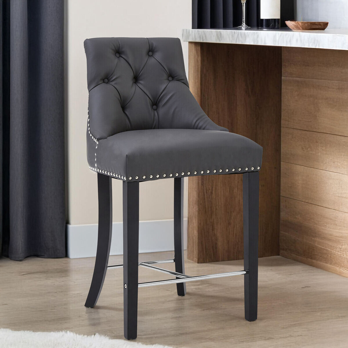 Orsina Regents Park Grey Faux Leather Bar Chair – Tufted Counter Stool