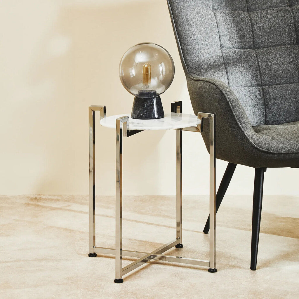 Orsina Cibal Round White Marble Side Table with Modern Chrome Base
