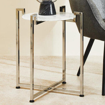 Orsina Cibal Round White Marble Side Table with Modern Chrome Base
