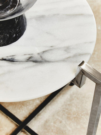 Orsina Cibal Round White Marble Side Table with Modern Chrome Base