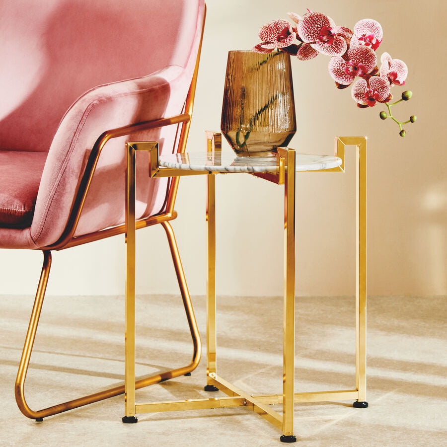Orsina White Marble Side Table – Round End Table with Gold Base
