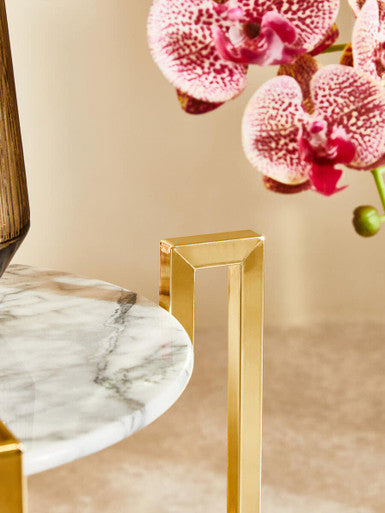 Orsina White Marble Side Table – Round End Table with Gold Base