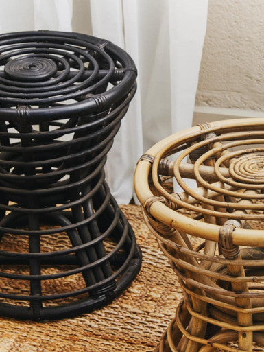 Orsina Maka Grey Natural Rattan Stool – Woven Boho Accent Footstool