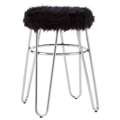 Orsina District Black Faux Fur Stool | Modern Chrome Vanity Seating