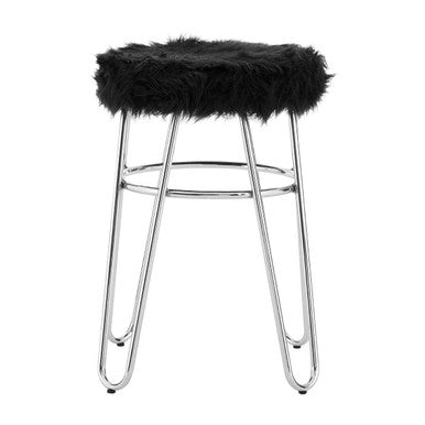 Orsina District Black Faux Fur Stool | Modern Chrome Vanity Seating