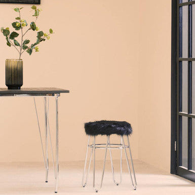 Orsina District Black Faux Fur Stool | Modern Chrome Vanity Seating