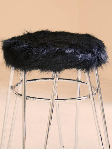 Orsina District Black Faux Fur Stool | Modern Chrome Vanity Seating