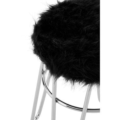 Orsina District Black Faux Fur Stool | Modern Chrome Vanity Seating