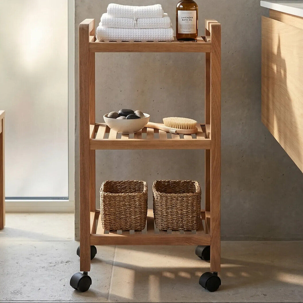 Orsina ARLA 3-Tier Walnut Wood Bathroom Trolley | Mobile Storage Cart