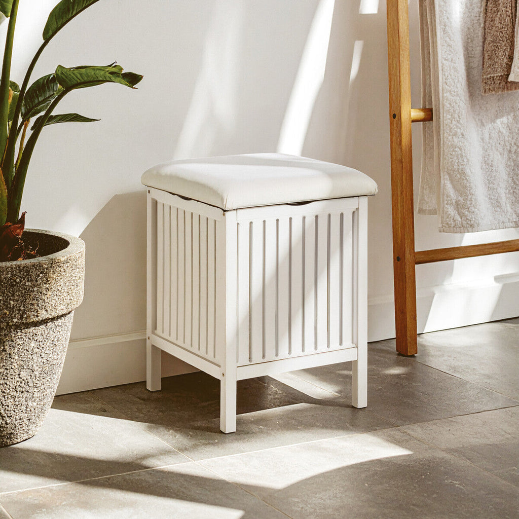 Orsina Salon White Bathroom Storage Stool with Padded Seat Bench
