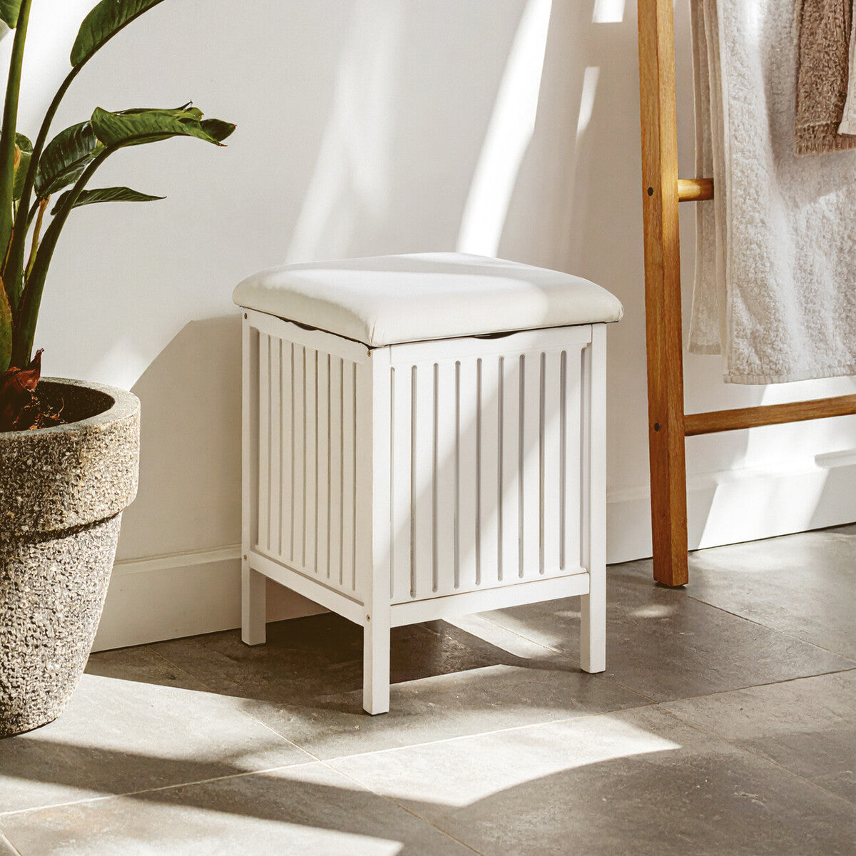 Orsina Salon White Bathroom Storage Stool with Padded Seat Bench