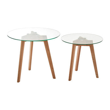 Orsina Nostra Set of 2 Glass Top Side Tables with Oak Wood Base