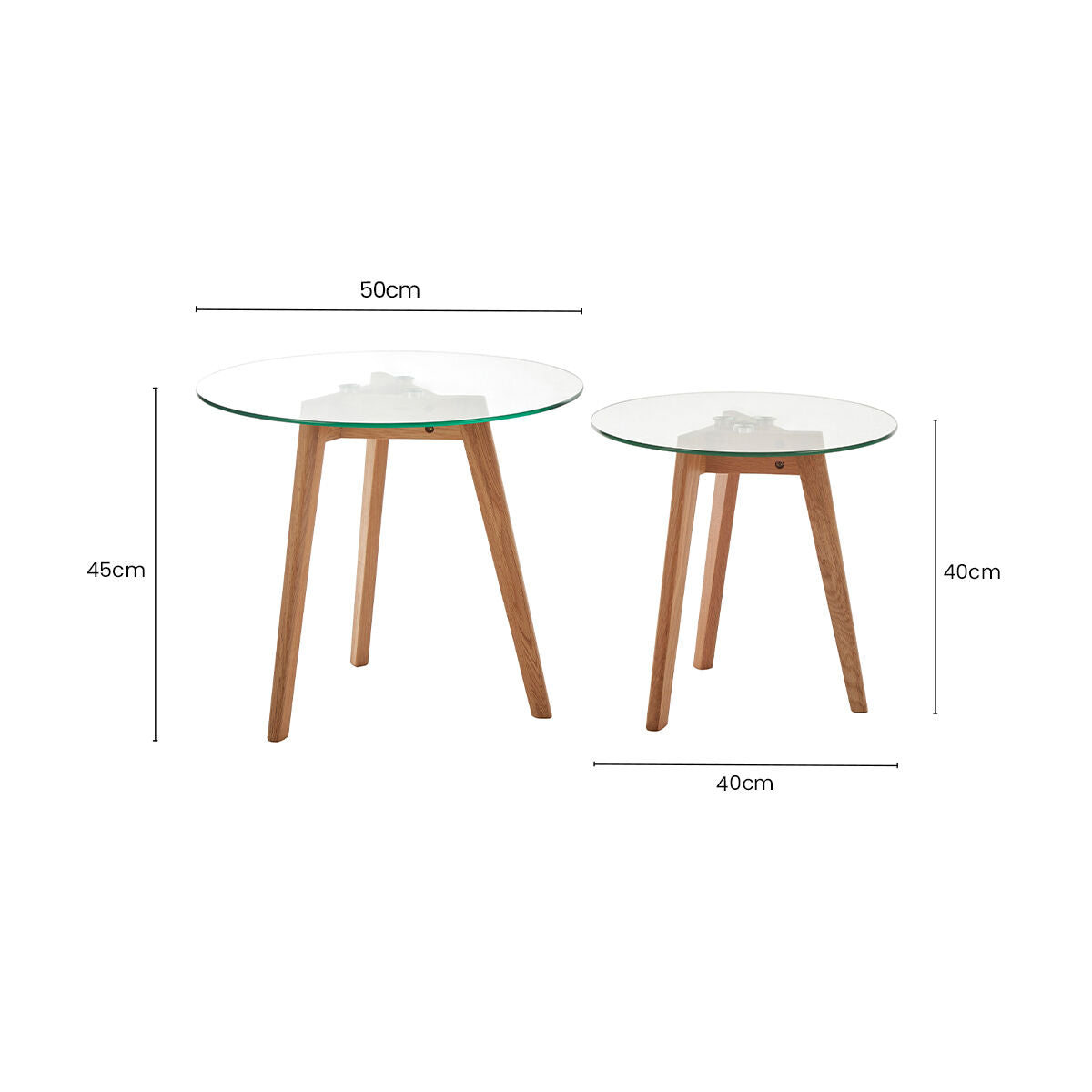 Orsina Nostra Set of 2 Glass Top Side Tables with Oak Wood Base