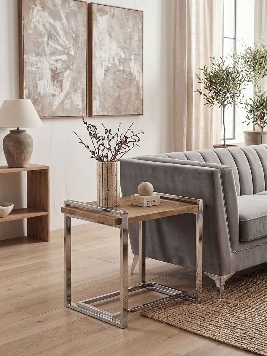 Orsina Menteng Side Table – Rectangular Elm Wood & Stainless Steel