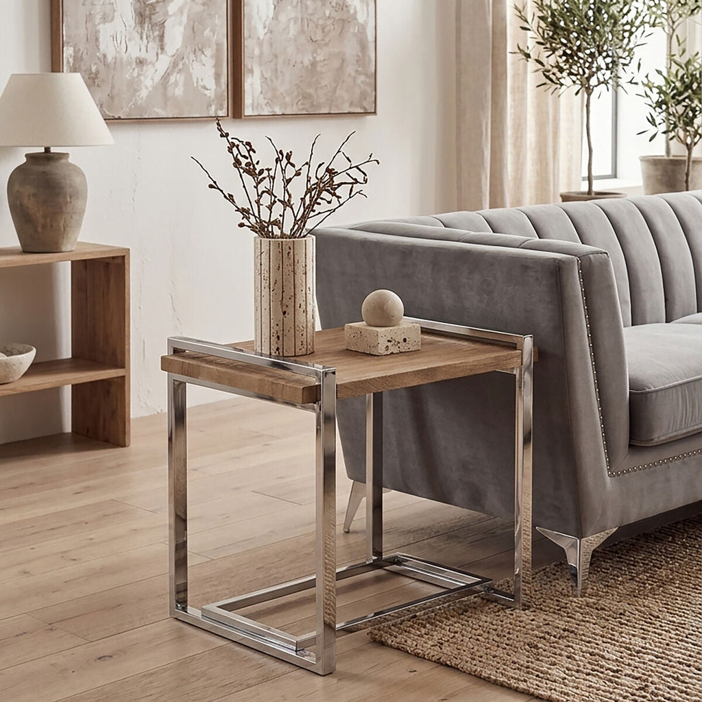Orsina Menteng Side Table – Rectangular Elm Wood & Stainless Steel