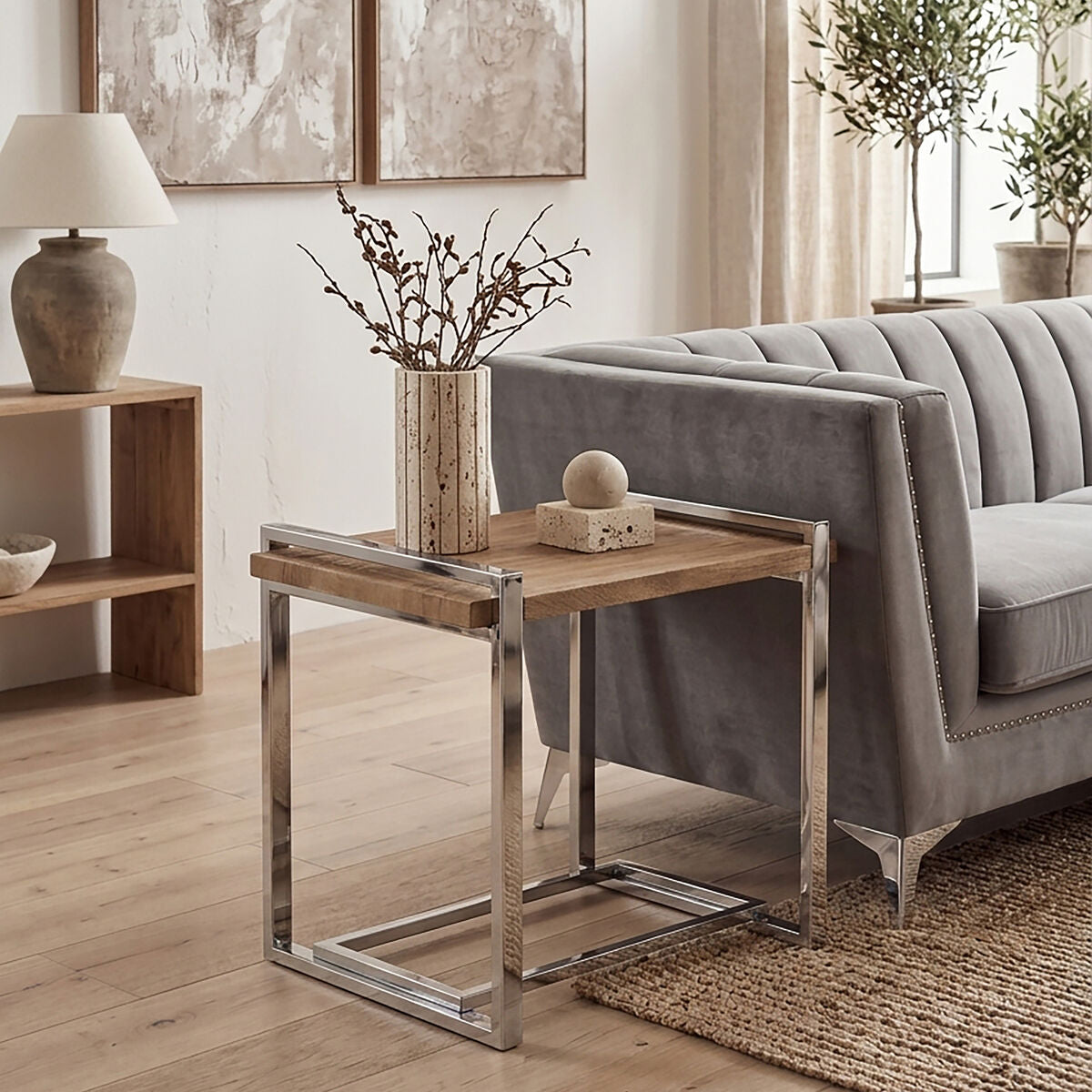 Orsina Menteng Side Table – Rectangular Elm Wood & Stainless Steel