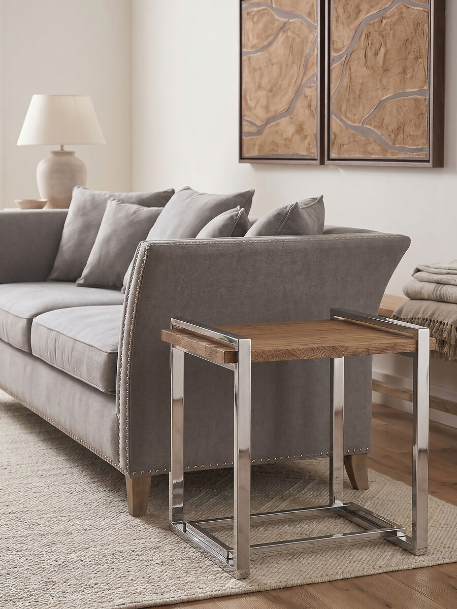 Orsina Menteng Side Table – Rectangular Elm Wood & Stainless Steel