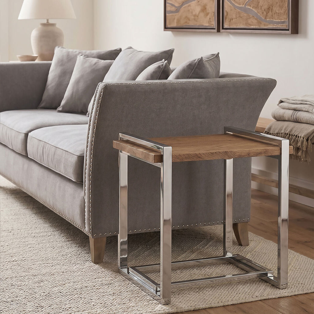 Orsina Menteng Side Table – Rectangular Elm Wood & Stainless Steel