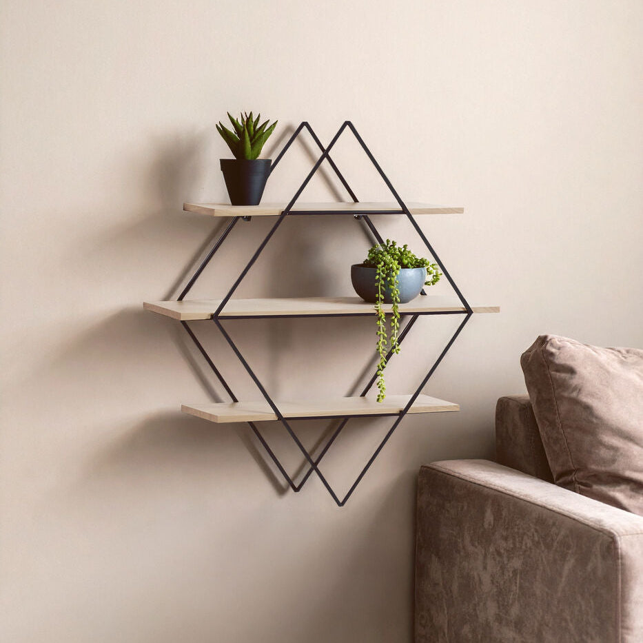 Orsina Brixton 3 Tier Rhombus Wall Shelf – Black Metal & Wood
