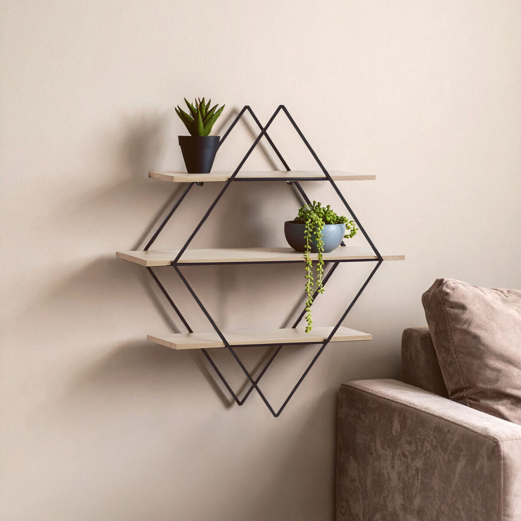 Orsina Brixton 3 Tier Rhombus Wall Shelf – Black Metal & Wood