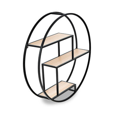Orsina Brixton 3 Tier Round Metal Wall Shelf | Black & Natural Wood