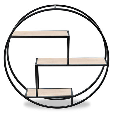 Orsina Brixton 3 Tier Round Metal Wall Shelf | Black & Natural Wood