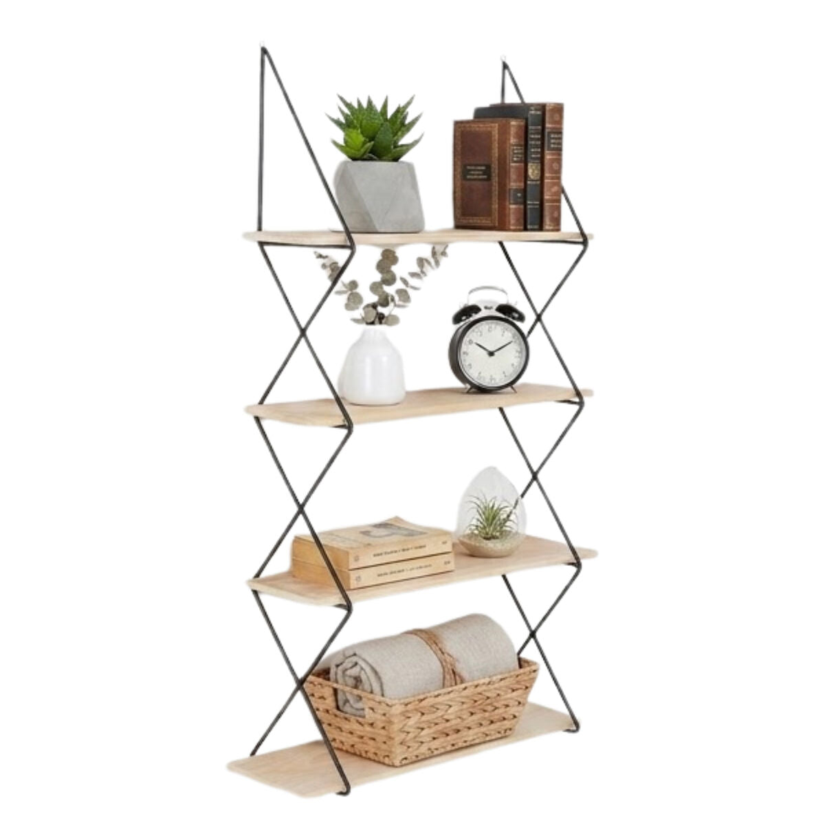 Orsina Brixton 4 Tier Wall Shelf – Modern Black & Light Wood Shelving