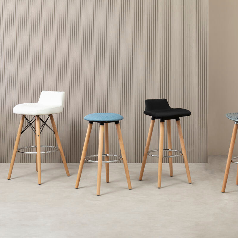 Orsina Stockholm White Leather Bar Stool with Quilted Seat & Wood Legs