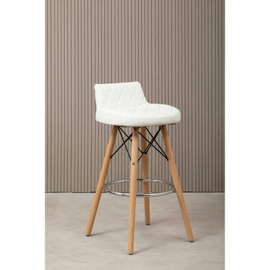 Orsina Stockholm White Leather Bar Stool with Quilted Seat & Wood Legs