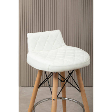 Orsina Stockholm White Leather Bar Stool with Quilted Seat & Wood Legs