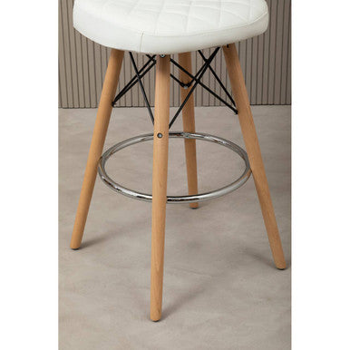 Orsina Stockholm White Leather Bar Stool with Quilted Seat & Wood Legs