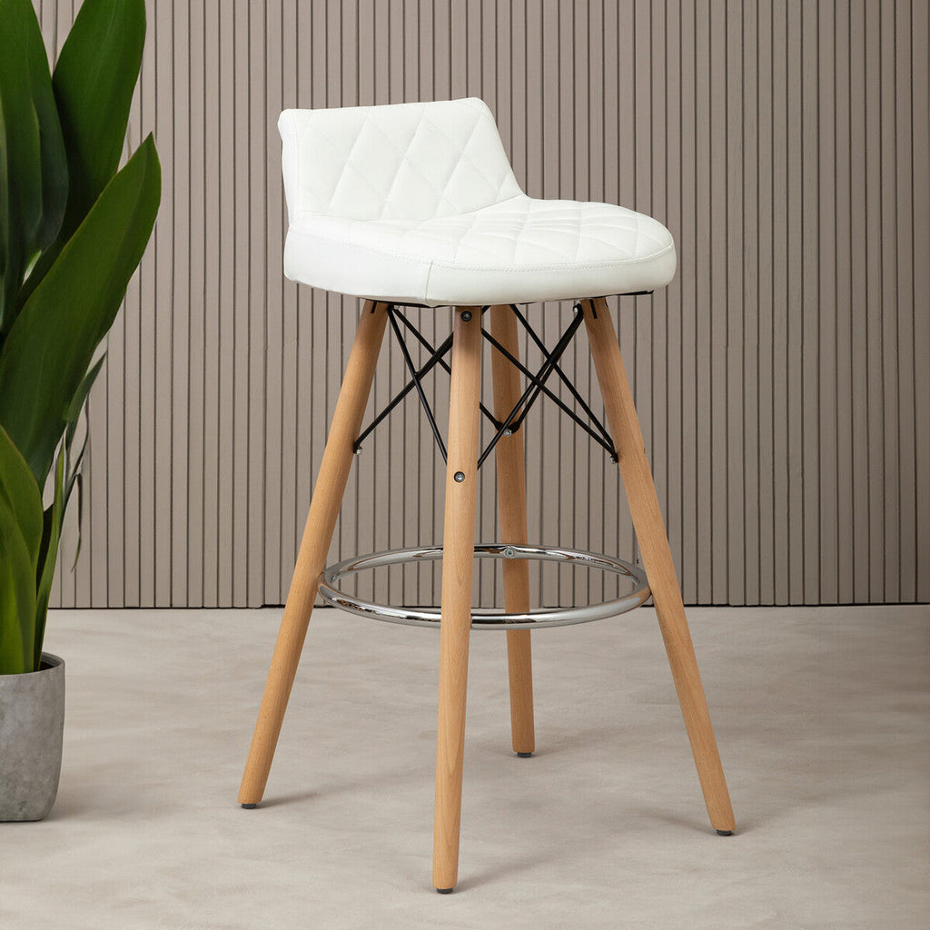 Orsina Stockholm White Leather Bar Stool with Quilted Seat & Wood Legs