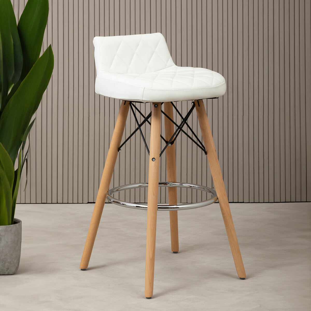 Orsina Stockholm White Leather Bar Stool with Quilted Seat & Wood Legs