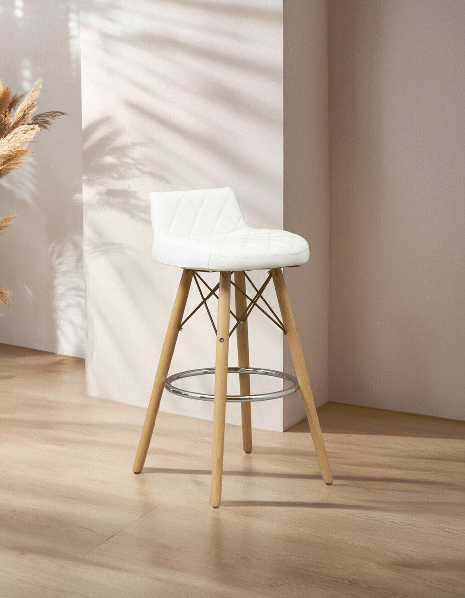 Orsina Stockholm White Leather Bar Stool with Quilted Seat & Wood Legs