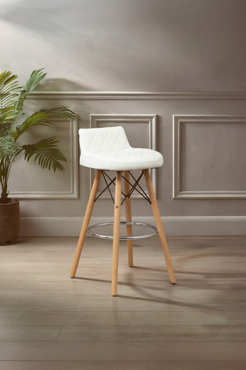 Orsina Stockholm White Leather Bar Stool with Quilted Seat & Wood Legs