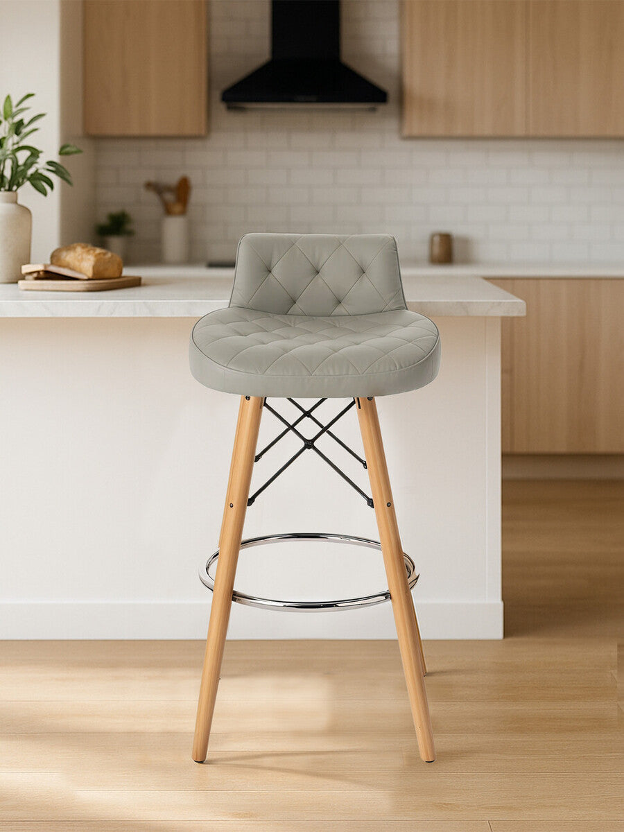 Orsina Stockholm Grey Faux Leather Bar Stool with Quilted Beechwood Legs