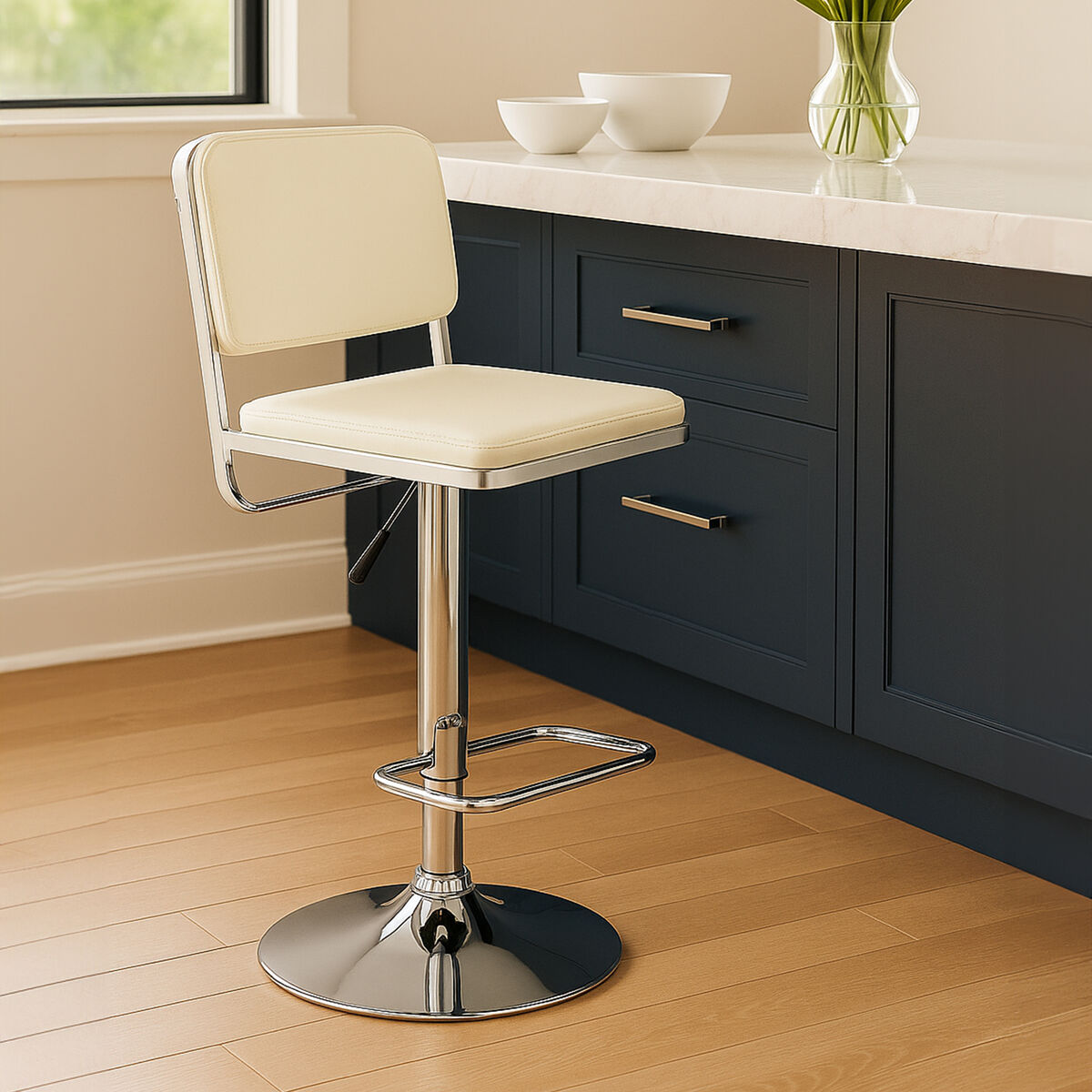 Orsina Stockholm White Faux Leather Bar Stool with Chrome Base